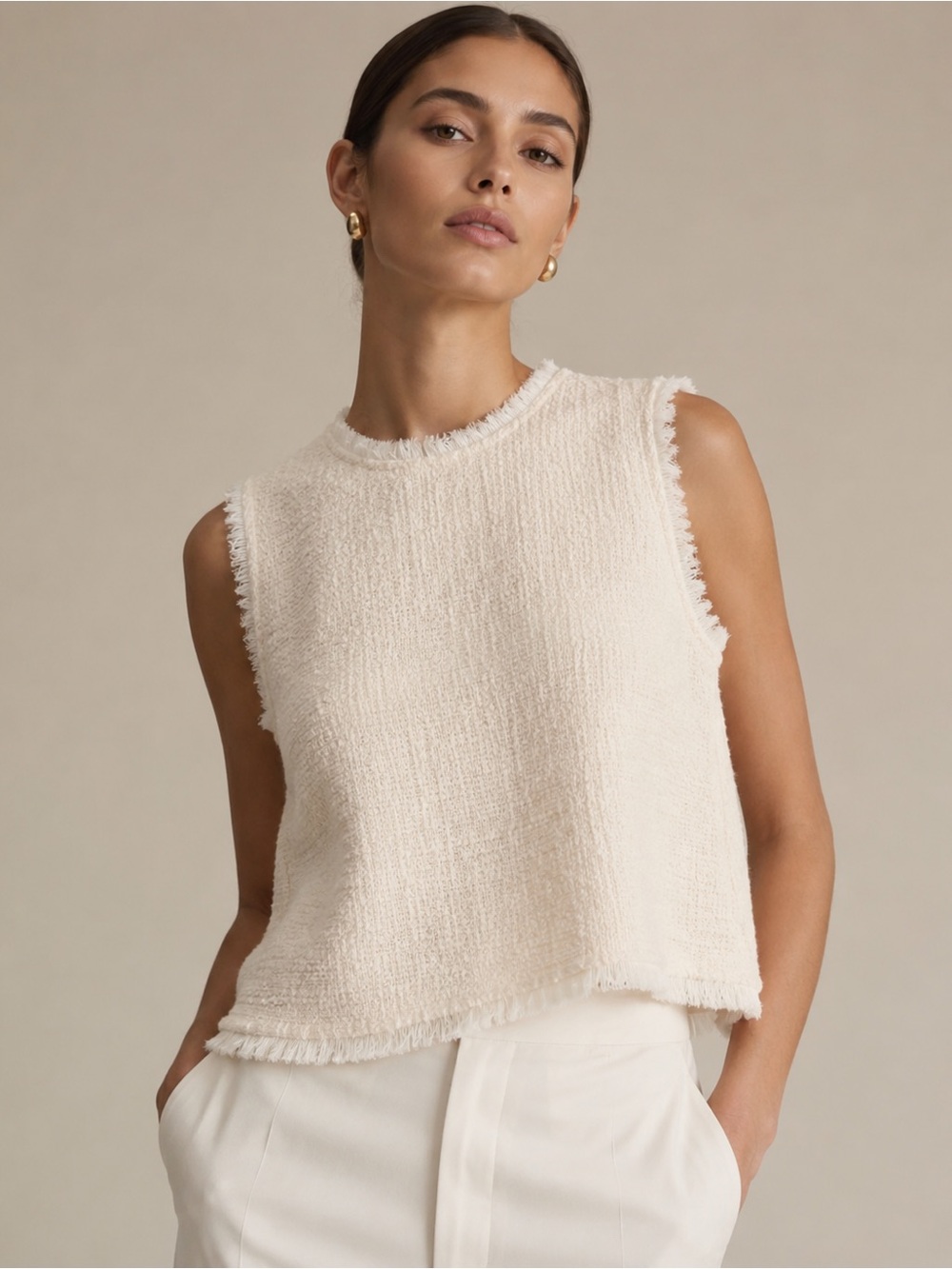 Habitual Cream Tweed Fringe Sleeveless Top Textured Bouclé Chic New M